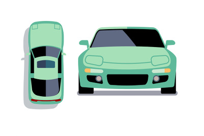 Vector flat-style cars in different views. Turquoise sport car