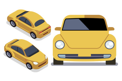 Vector flat-style cars in different views. Yellow isometric car