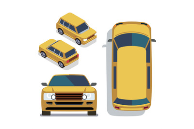 Vector flat-style cars in different views. Yellow isometric suv