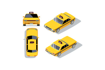 Vector flat-style cars in different views. Yellow isometric taxi