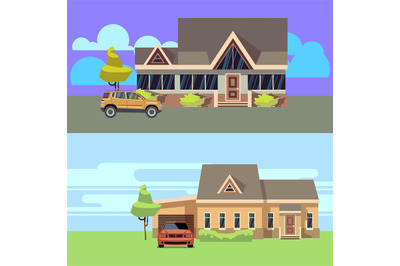 Vector horizontal banners set with houses with cars. Flat vector illus