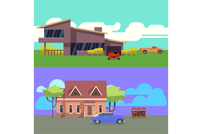 Vector set with residential houses with cars. Flat vector illustration