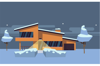 Winter country house flat vector illustration. Orange modern home with