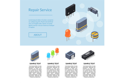 Vector isometric microchips and electronic parts icons illustration