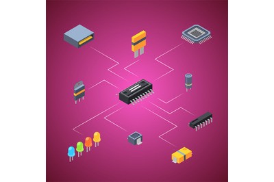 Vector isometric microchips electronic parts icons infographic illustr