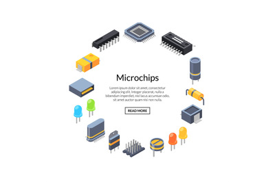 Vector isometric microchips and electronic parts icons