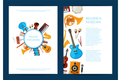 Vector cartoon musical instruments card or flyer template illustration