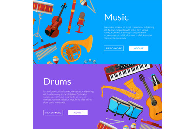 Vector cartoon musical instruments web banner illustration