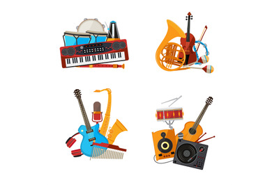 Vector cartoon musical instruments piles set isolated on white backgro