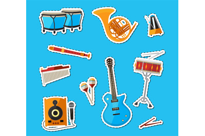 Vector cartoon musical instruments stickers set illustration