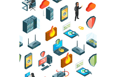 Vector isometric data and computer safety icons pattern or background