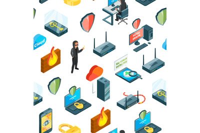 Vector isometric data and computer safety icons pattern or illustratio