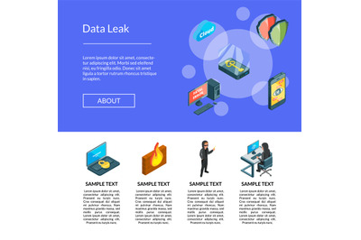 Vector isometric data and computer safety icons landing page template