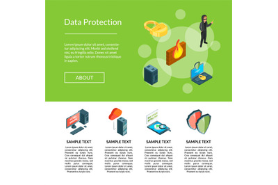 Vector isometric data and computer safety icons landing page template