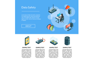 Vector isometric data and computer safety icons landing page template