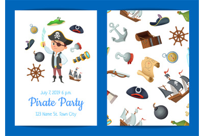 Vector cartoon sea pirates birthday party invitation template illustra