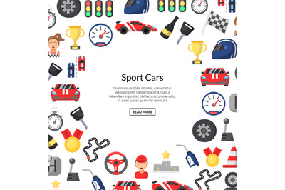 Vector flat car racing icons background with place for text illustrati