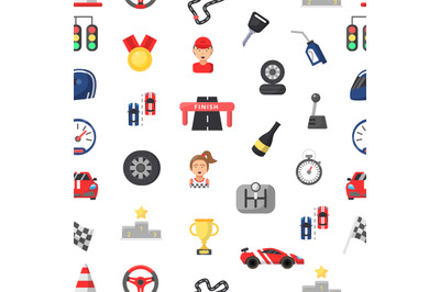 Car racing seamless pattern. Vector flat car racing icons