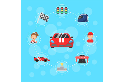 Vector flat car racing icons infographic concept illustration