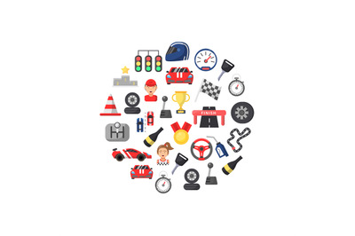 Vector flat car racing icons in circle shape illustration