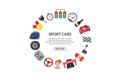 Vector flat car racing icons in circle shape with place for text illus