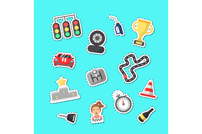 Vector flat car racing icons stickers set illustration