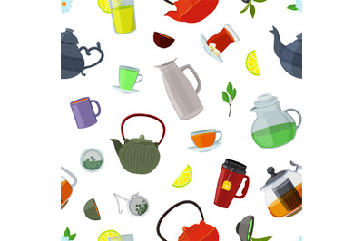 Vector cartoon tea kettles and cups pattern or background illustration