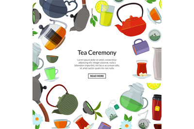 Vector cartoon tea kettles and cups background with place for text ill