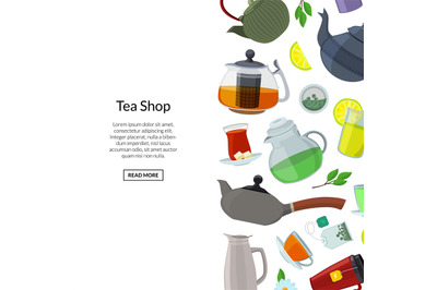 Vector tea kettles and cups background with place for text illustratio