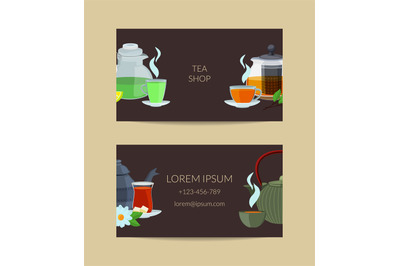 Vector cartoon tea kettles and cups business card