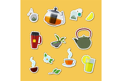 Vector cartoon tea kettles and cups stickers set illustration