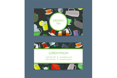 Vector cartoon tea kettles and cups business card template for tea sho