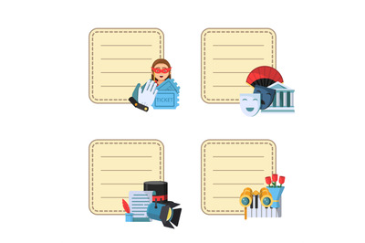 Vector flat theatre icons stickers with place for notes texts