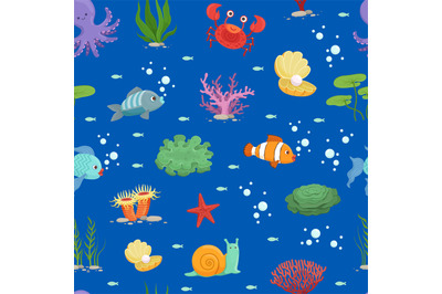 Vector cartoon underwater creatures and seaweed pattern or background