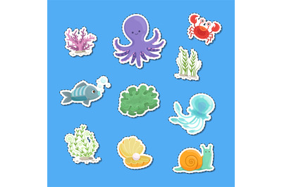 Vector cartoon underwater creatures and seaweed sticker set illustrati