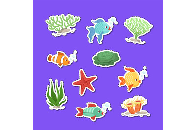 Vector cartoon underwater creatures and seaweed stickers set illustrat