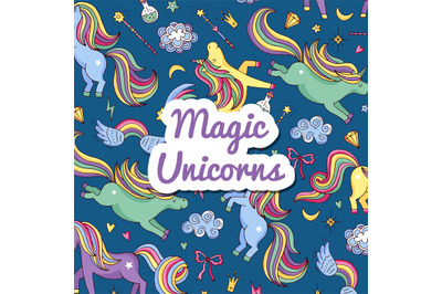 Vector hand drawn magic unicorns and stars background with place for t