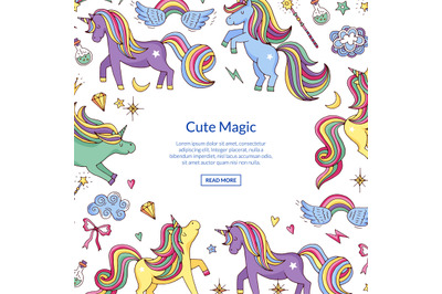 Vector cute hand drawn magic unicorns and stars background