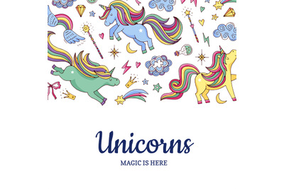 Vector cute hand drawn magic unicorns and stars background with place