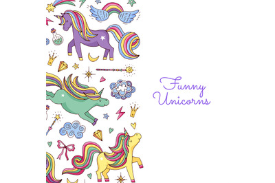 Vector cute hand drawn magic unicorns and stars background with place