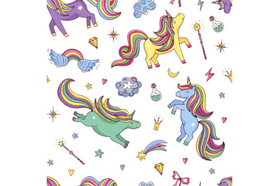 Vector cute hand drawn magic unicorns and stars pattern or background