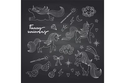 Vector cute hand drawn magic unicorns and stars set on black chalkboar