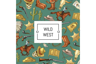 Vector hand drawn wild west cowboy background with place for text illu