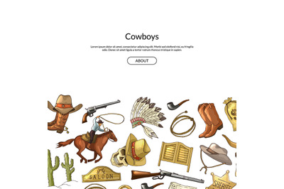 Vector hand drawn wild west cowboy elements background with place for