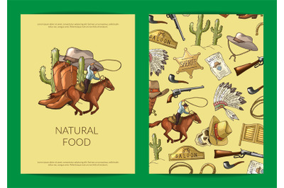 Vector hand drawn wild west cowboy elements card or flyer template ill