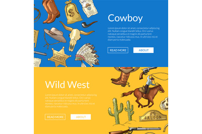 Vector wild west cowboy web banners with horses&2C; cacti and cow skull