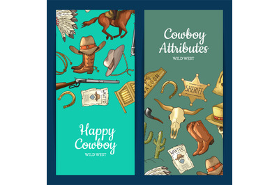 Vector hand drawn wild west cowboy elements web banner