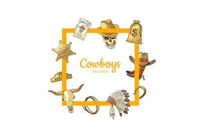 Vector hand drawn wild west cowboy elements frame