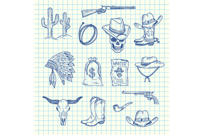 Vector hand drawn wild west cowboy set