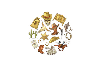 Vector hand drawn wild west cowboy elements in circle shape illustrati